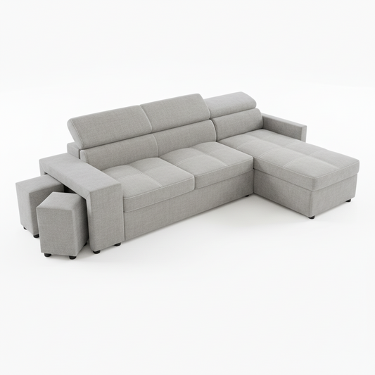 Coltar Extensibil Cu Insula Ventotene, 5 Locuri, Taburete Integrate, Lada Depozitare, Gri, 269 Cm