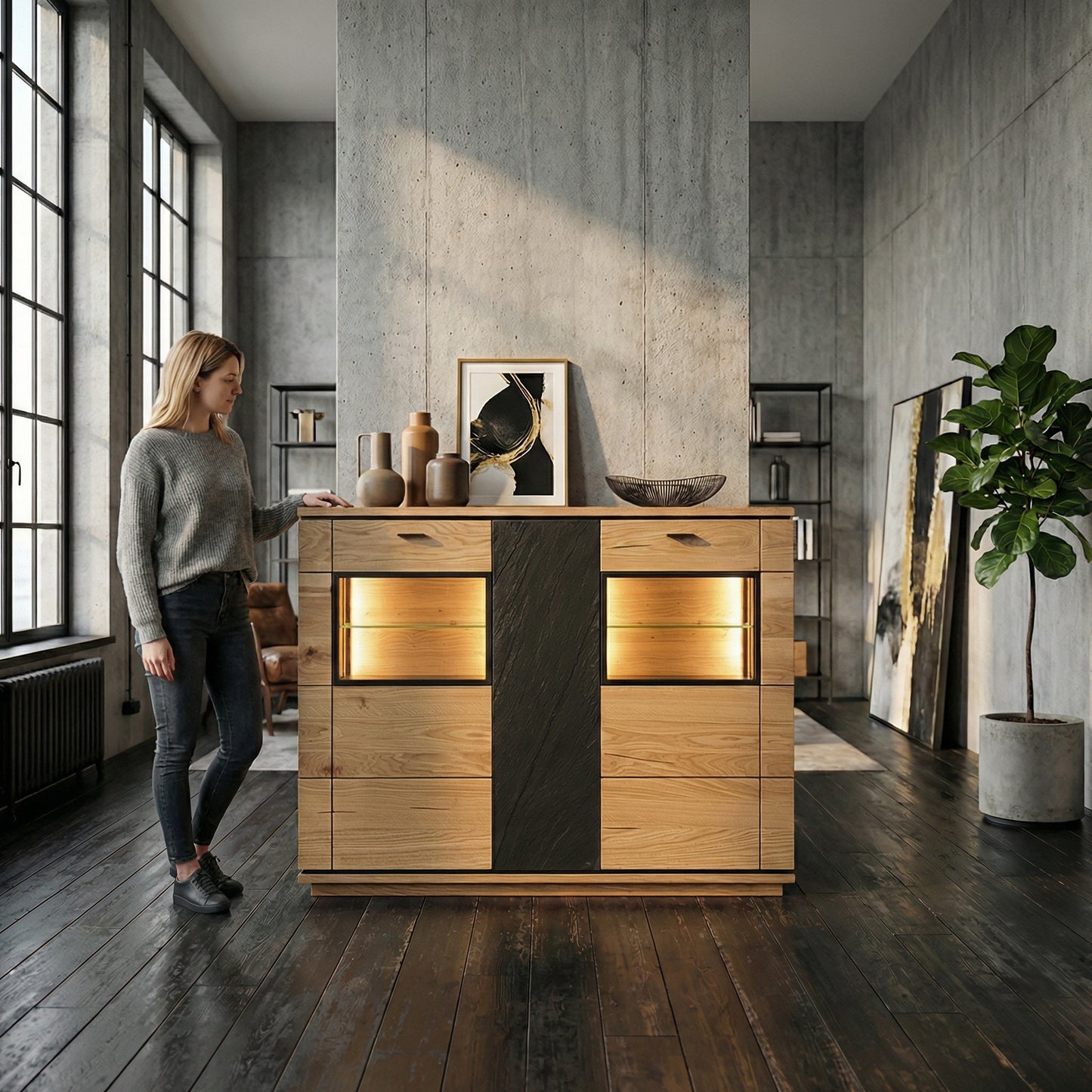 Comoda Bar Cu 3 Usi Zenith, Furniruit Stejar, 148 Cm