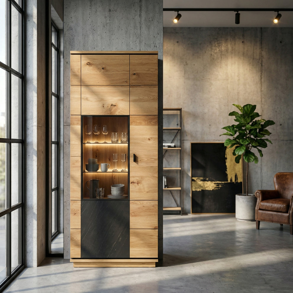 Vitrina Cu 2 Usi Zenith, Furniruit Stejar, 87.5 Cm