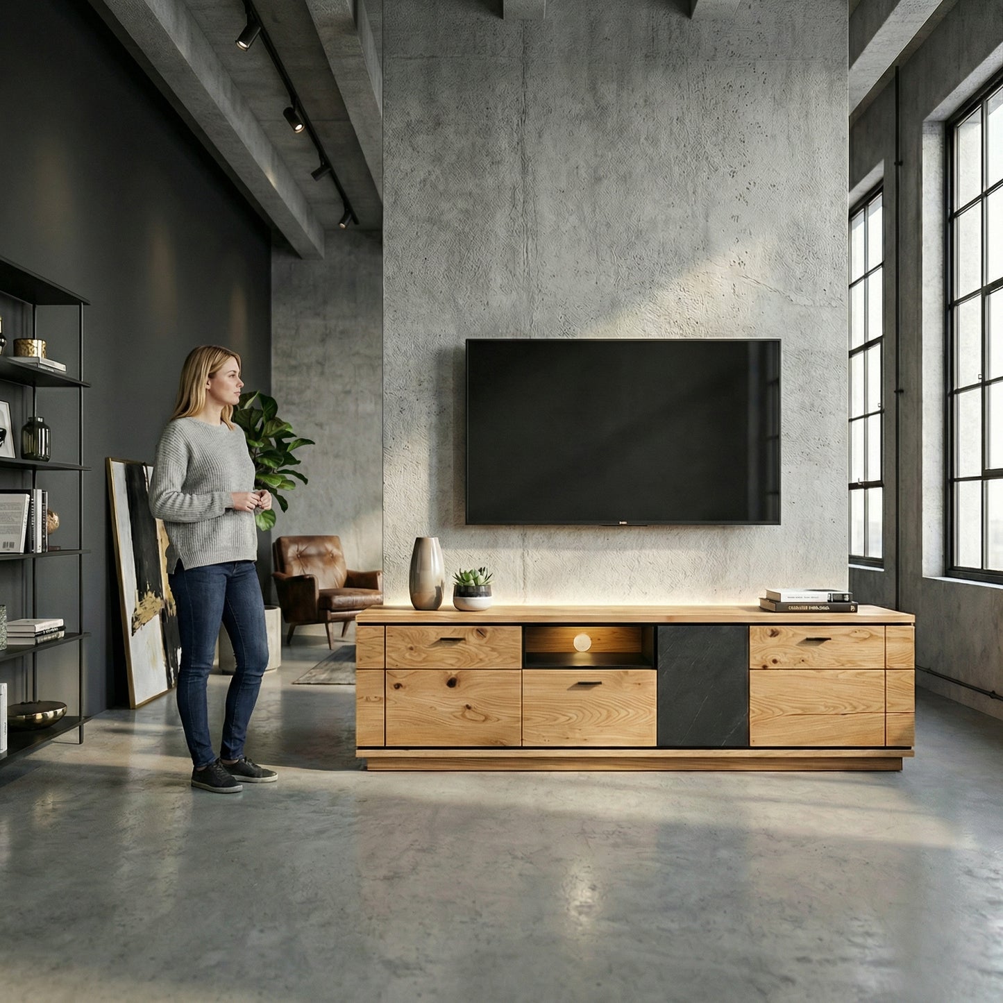 Comoda Tv Cu 2 Usi, 1 Sertar Si 1 Nisa Zenith, Furniruit Stejar, 195.4 Cm