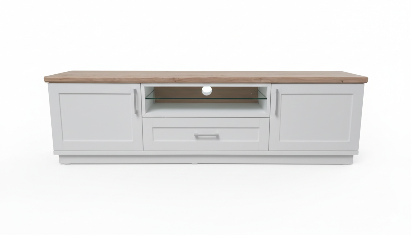 Comoda Tv Alpina Cu 2 Usi, 1 Sertar Si 1 Nisa, Alb Si Natur, 187.5 Cm