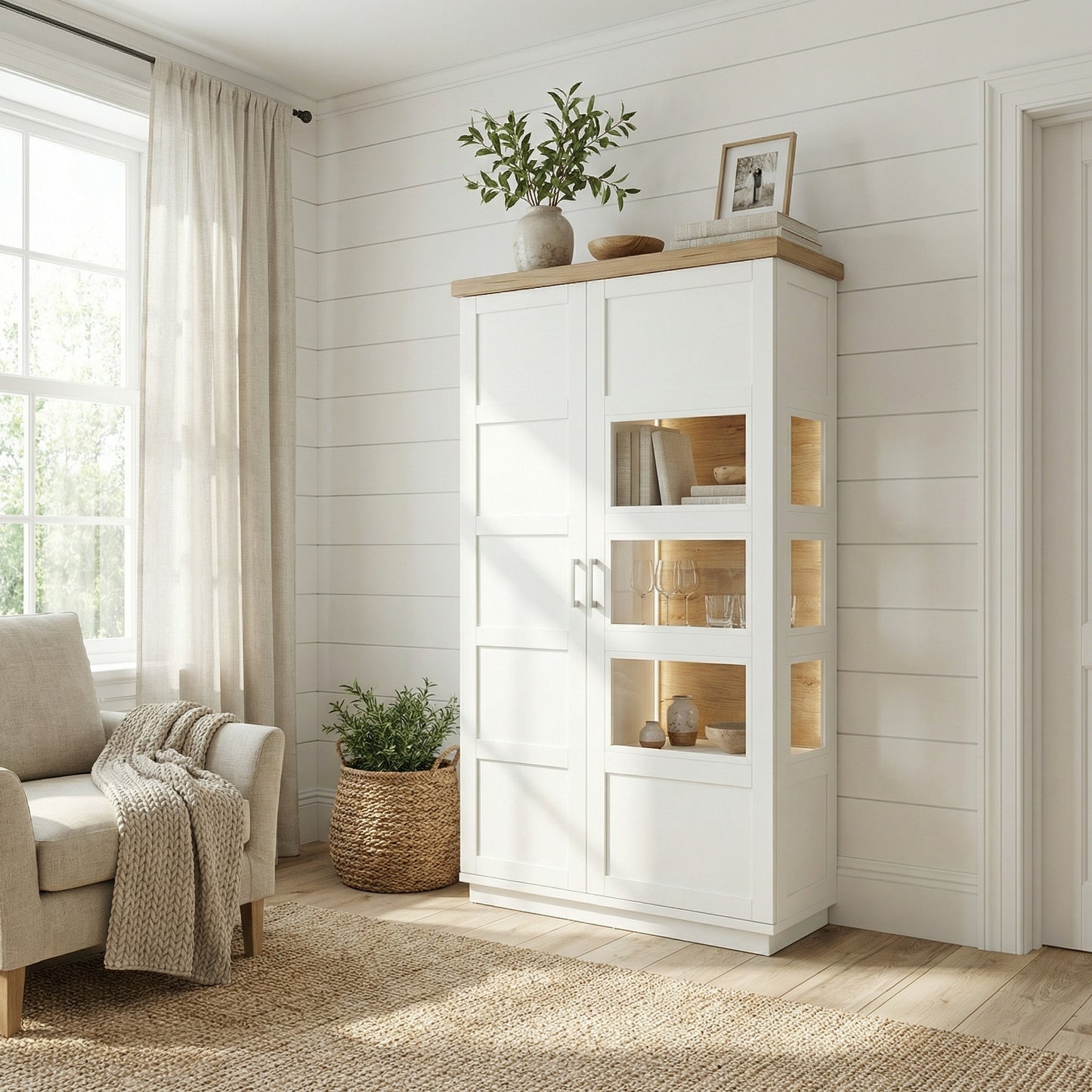Vitrina Alpina Cu 1 Usa Si 1 Sertar, Furniruit, Vopsit, Alb Si Natur, 105 Cm