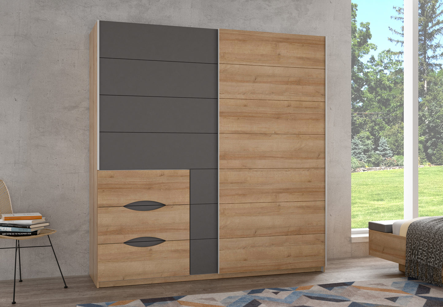 Dulap Cu Oglinda Unbound, Riviera Oak Si Uni Wolfram Grey, 200.1 Cm