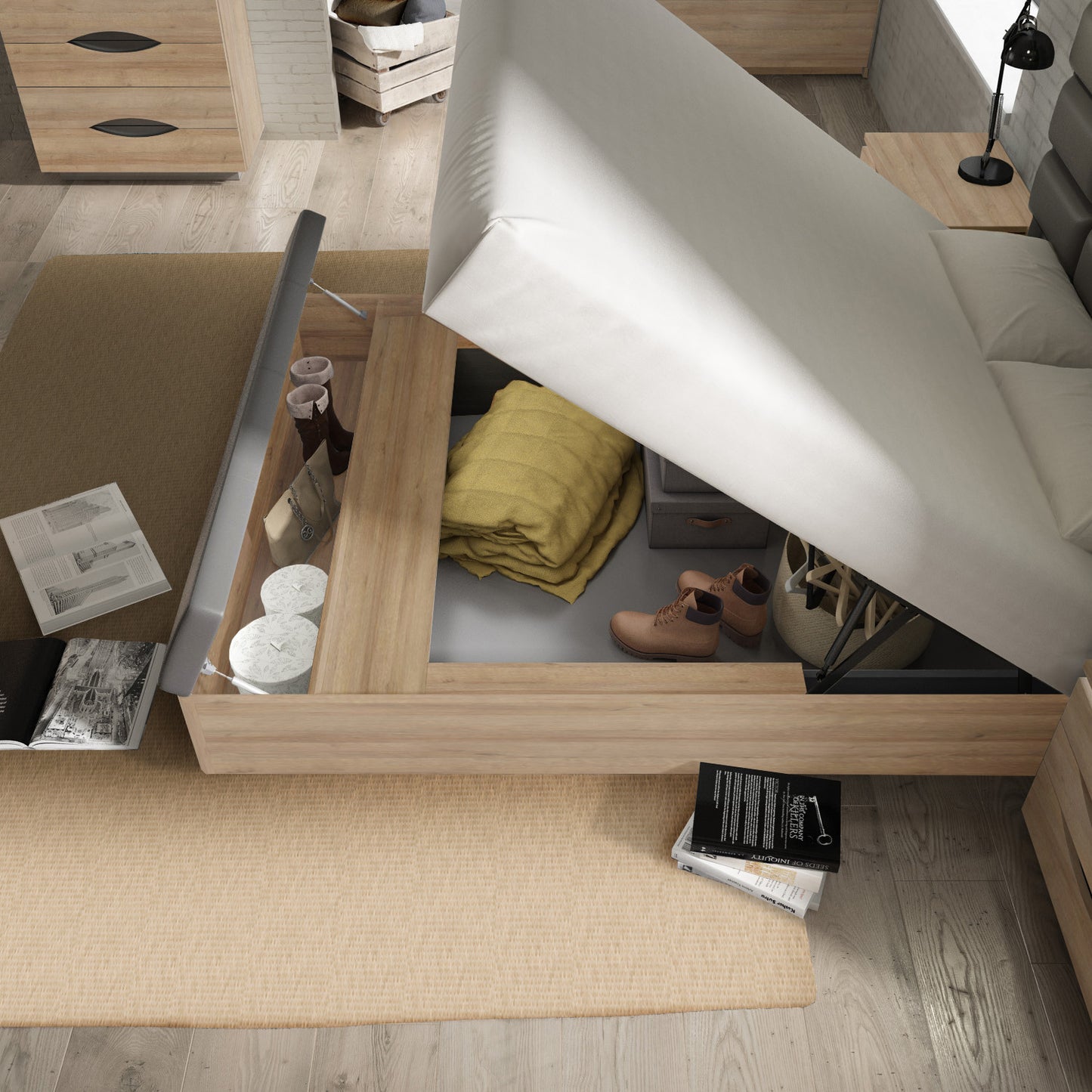 Pat Unbound Cu Dimensiune Saltea 150 x 190 Cm, Capatai Inclus si Somiera RabatabilaRiviera Oak Si Uni Wolfram Grey