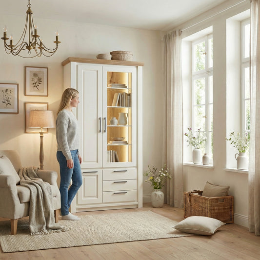 Vitrina Cu 3 Usi Si 3 Sertare Thuxon Alb, Vopsit Si Furniruit Stejar, 107.6 Cm