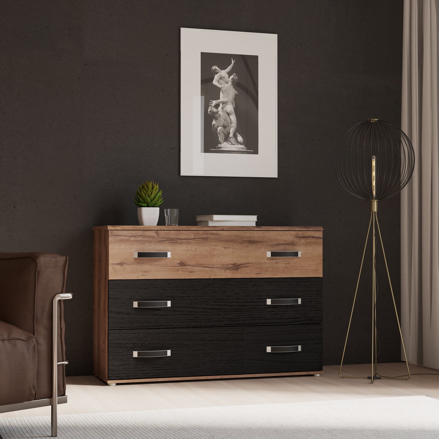 Comoda Cu 3 Sertare Rondino, Black Oak Mud Oak, 120.4 Cm
