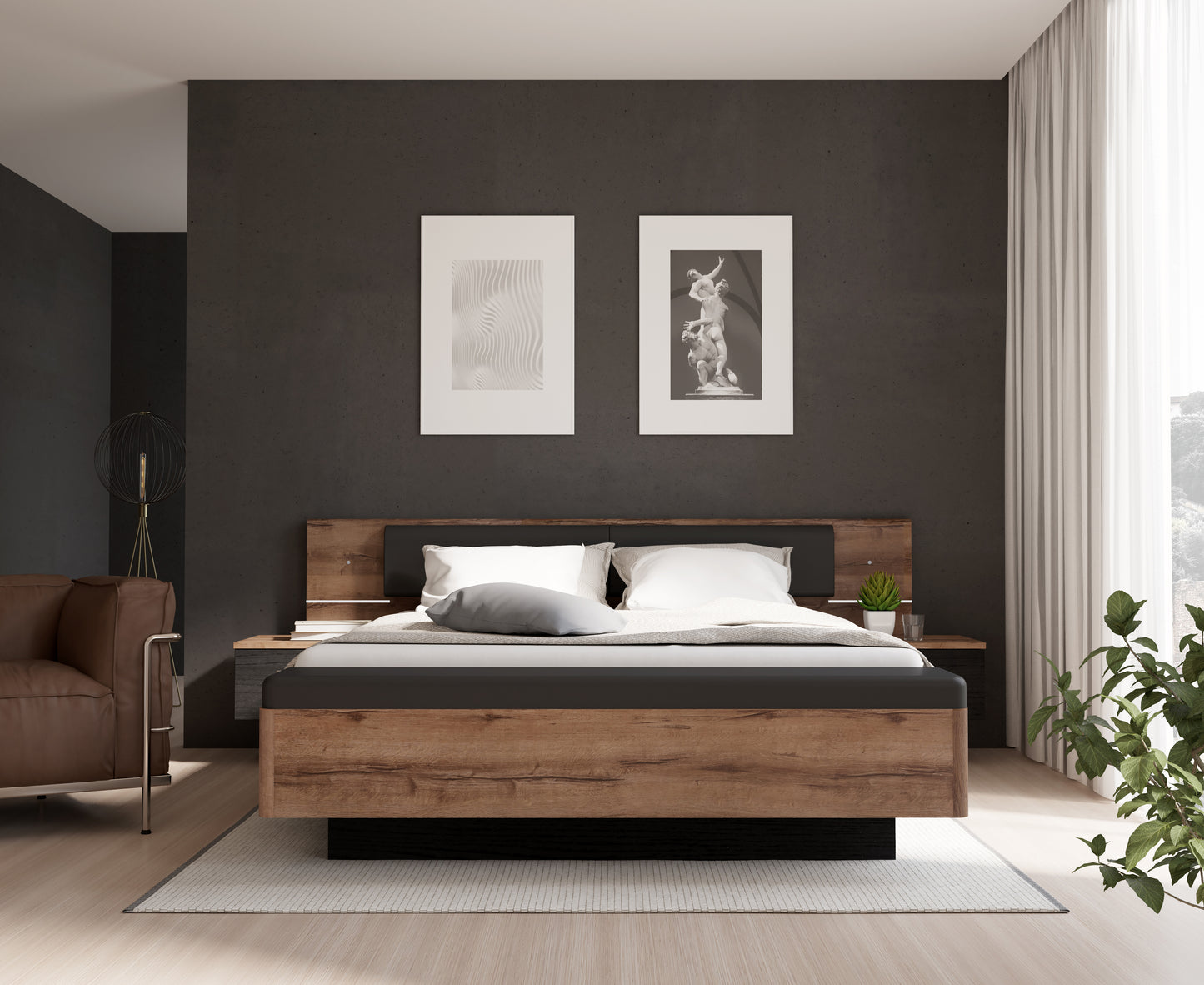 Pat Cu Noptiere Rondino, Dimensiune Saltea 160 x 200 Cm, Black Oak Mud Oak