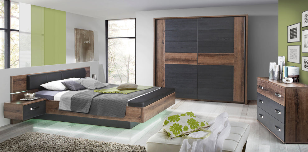 Pat Cu Noptiere Rondino, Dimensiune Saltea 160 x 200 Cm, Black Oak Mud Oak