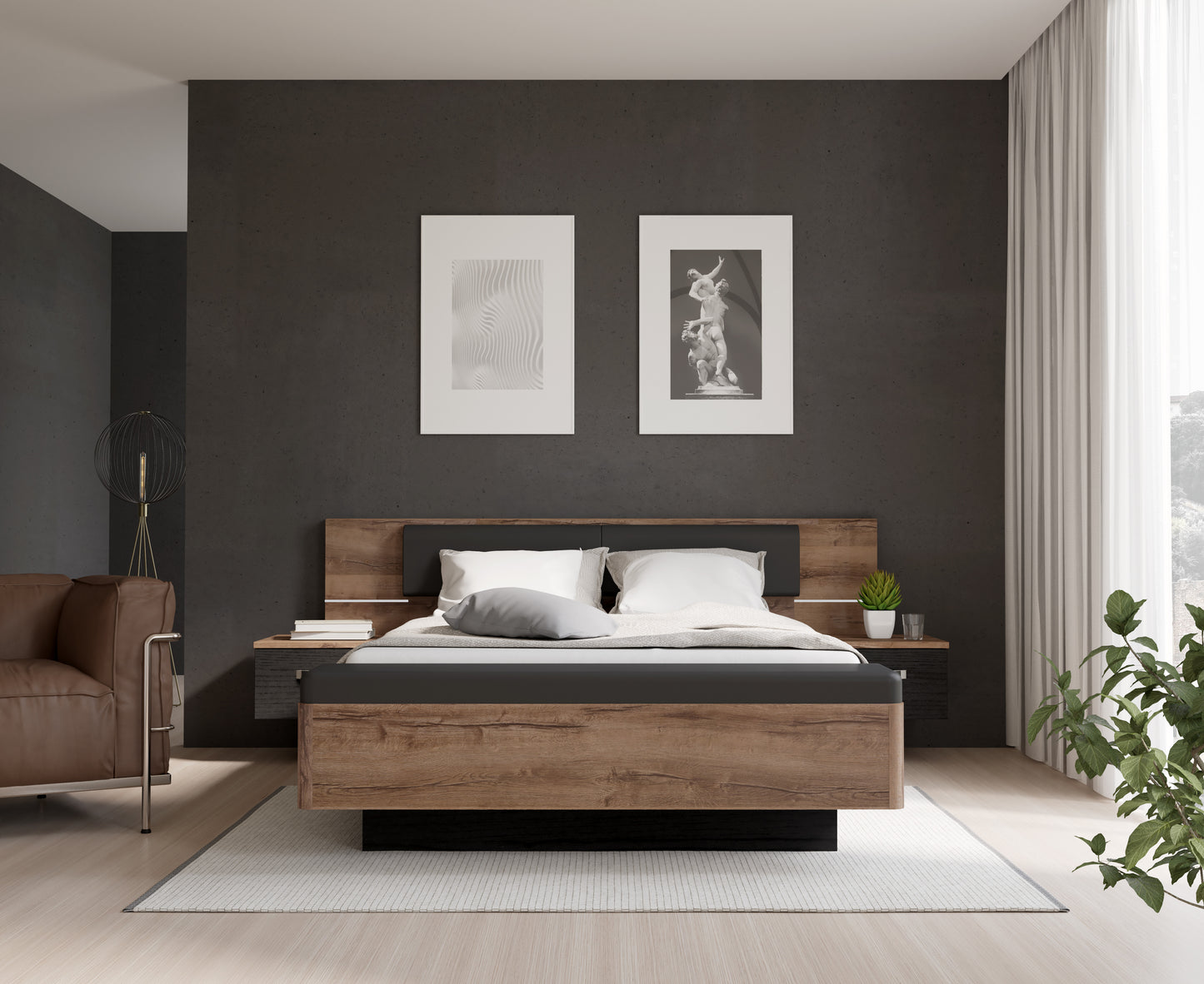 Pat Cu Noptiere Rondino, Dimensiune Saltea 140 x 190 Cm, Black Oak Mud Oak