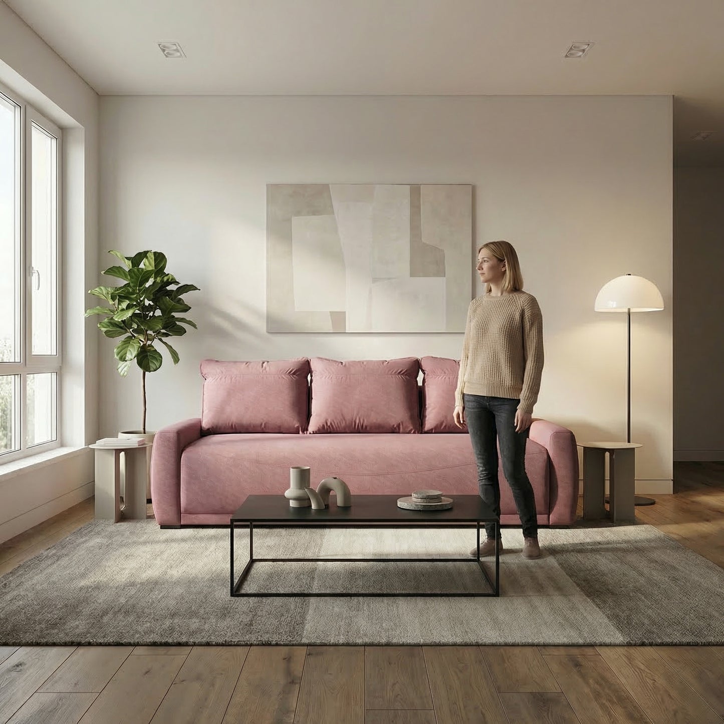 Canapea Extensibila Lea, 3 Locuri, Lada Depozitare, Roz, 225 Cm