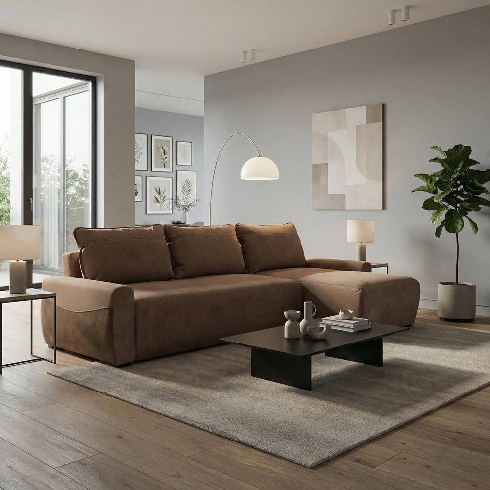 Coltar Extensibil Lea Interschimbabil Stanga/Dreapta, 5 Locuri, Lada Depozitare, Maro 256 Cm
