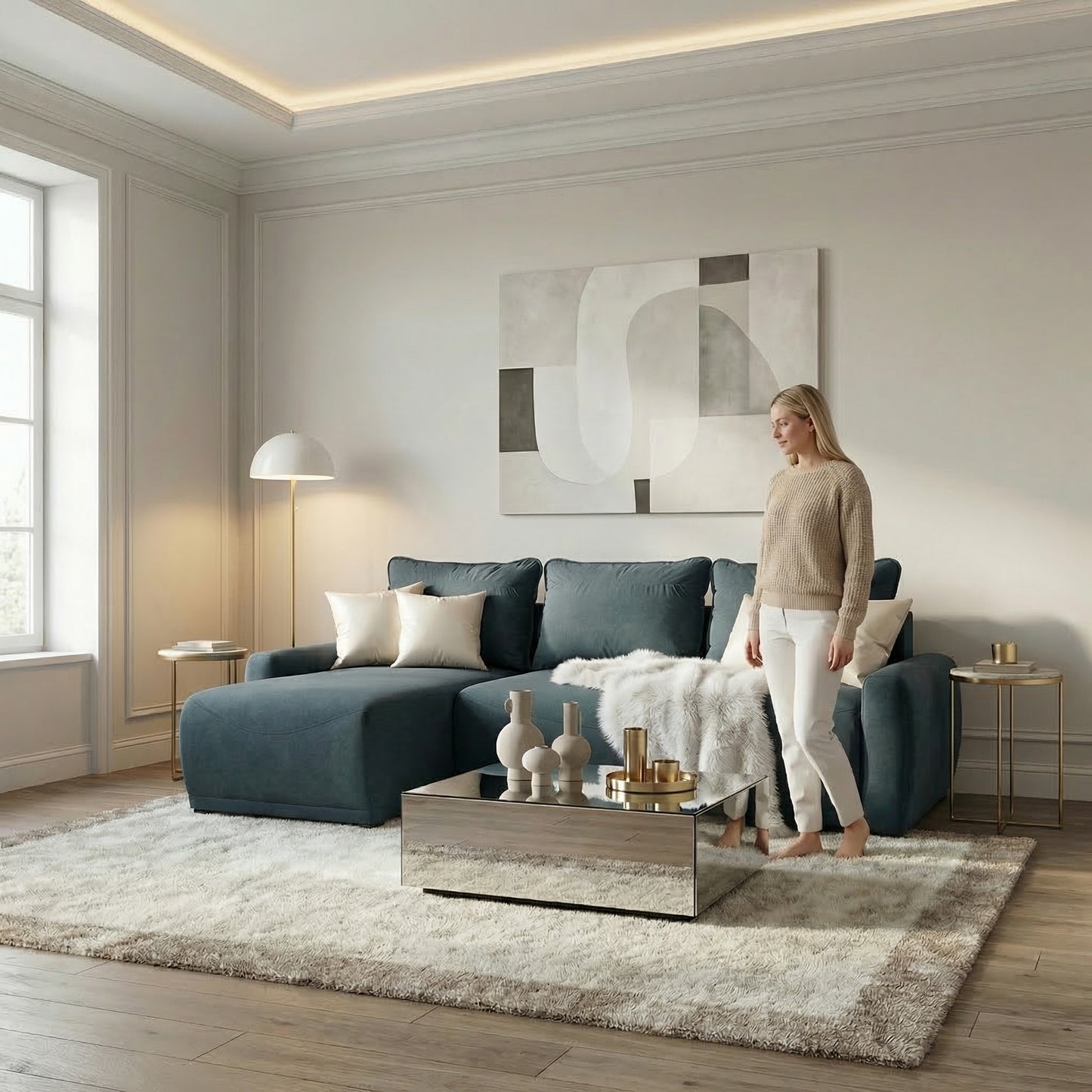 Coltar Extensibil Lea Interschimbabil Stanga/Dreapta, 5 Locuri, Lada Depozitare, Albastru, 256 Cm