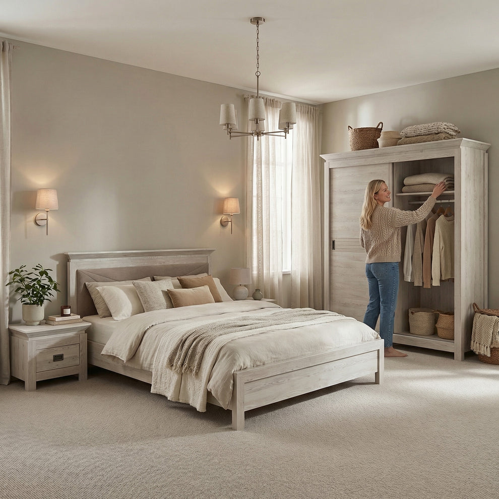 Set Dormitor Casablanca Loft, Pat Cu Dimensiune Saltea 140 X 200, Dulap De 210 Cm, 2 Noptiere