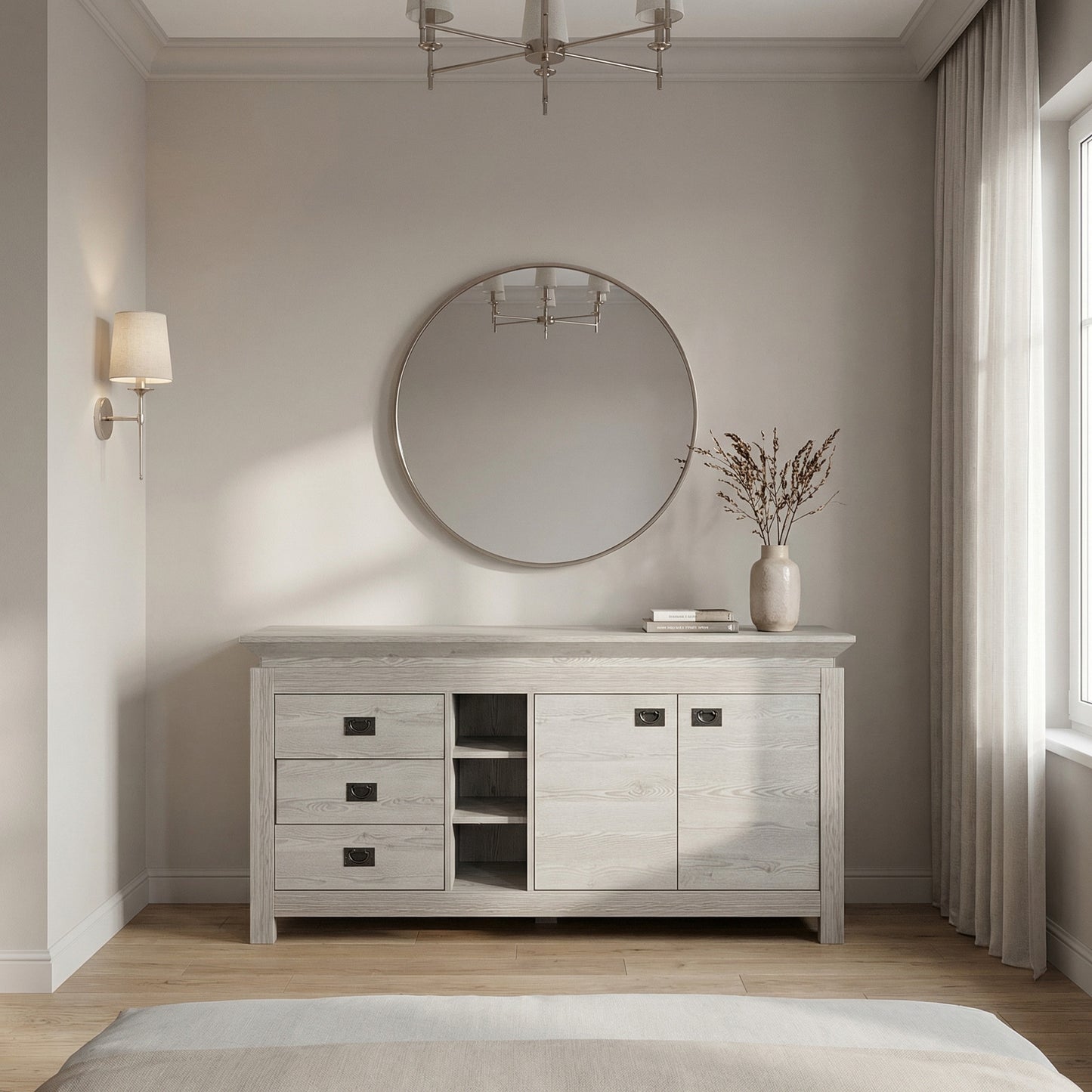 Comoda Casablanca Loft Cu 2 Usi Si 3 Sertare Gri Antic, 177 Cm