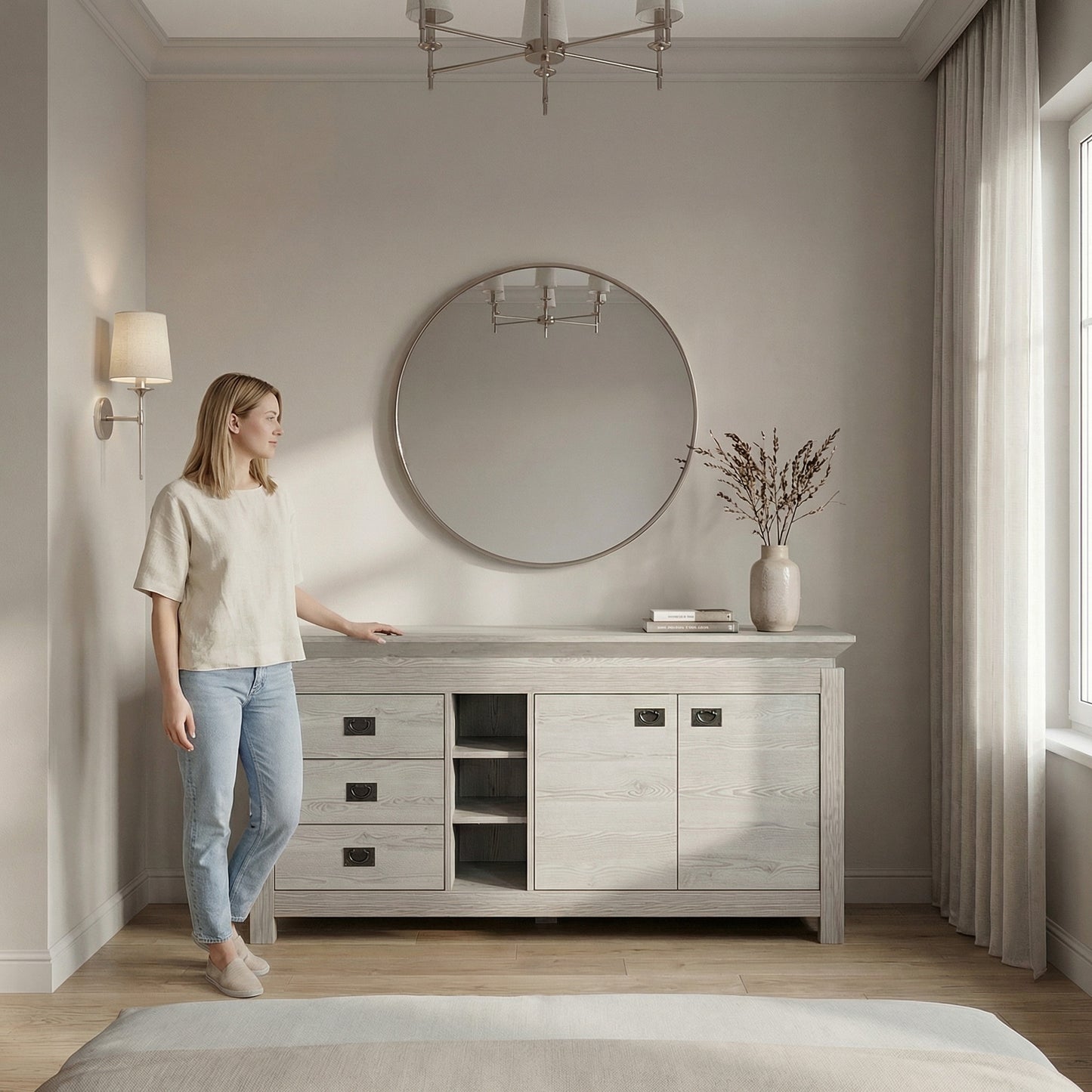 Comoda Casablanca Loft Cu 2 Usi Si 3 Sertare Gri Antic, 177 Cm