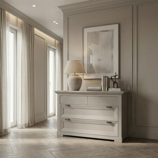 Comoda Cu 4 Sertare Verona Kashmir, Vopsit, Mobila Living, Inchidere Silentioasa, Sistem Push To Open, 125.8 cm