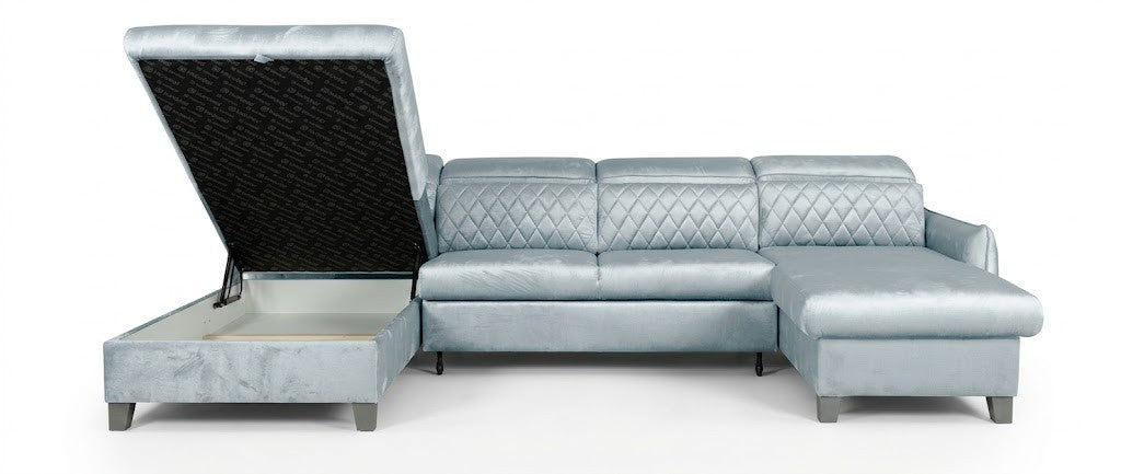 Coltar U Extensibil Cu Lada Tiago, Stanga, 6 Locuri, Tetiere Reglabile, Gri, 330 Cm