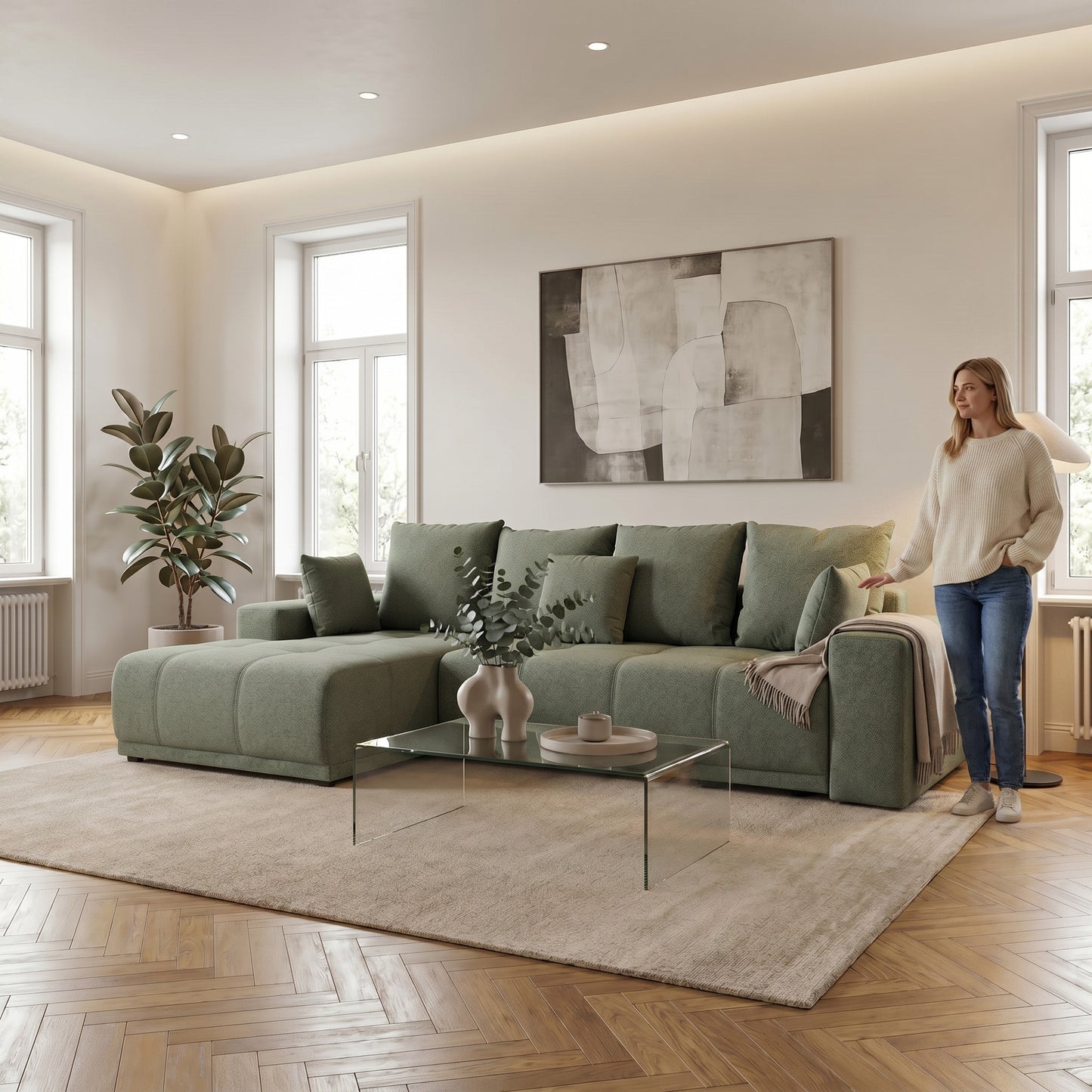 Coltar Cu Insula Dreapta Green, 5 Locuri, Lada Depozitare, Voltera Flax, 280 Cm