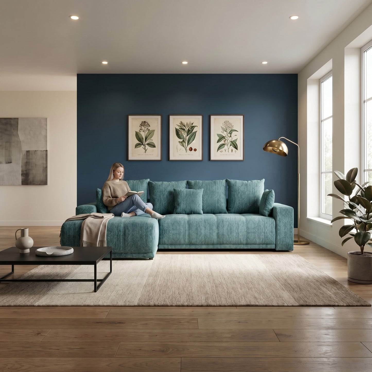 Coltar Cu Insula Dreapta Green, 5 Locuri, Lada Depozitare, Albastru, Palacio 77, 280 Cm