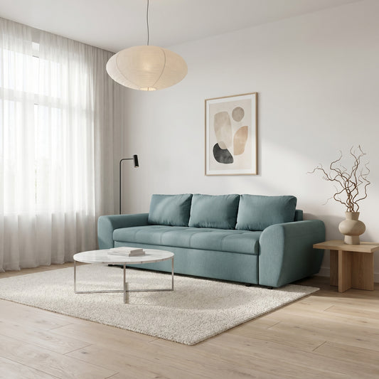 Canapea Extensibila Lorena Lux, 3 Locuri, Spatiu Depozitare, Albastru Deschis, 250 Cm