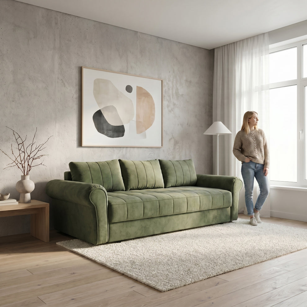 Canapea Extensibila Venezia, 3 Locuri, Lada Depozitare, Tapiterie Verde, 244 Cm