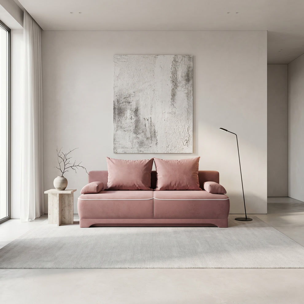 Canapea Extensibila Parma Cu Lada Roz Si Alb, 205 x 80 x 98 Cm