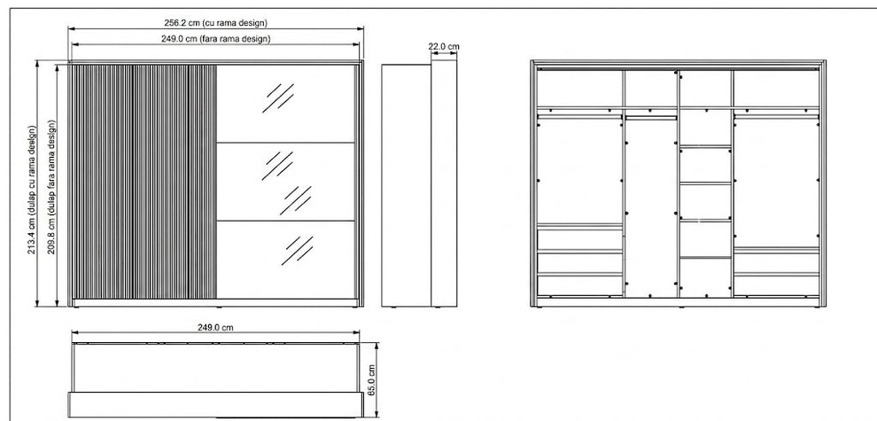 Dulap Destiny, Rama Design, 3 Despartitoare, 3 Bare Haine, 6 Polite, 5 Sertare, 250 Cm