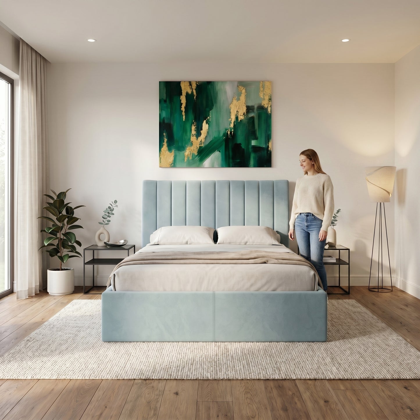 Pat Tapitat Ravel, Albastru, Dimensiune Saltea 180 x 200 Cm, Cu Somiera Rabatabila