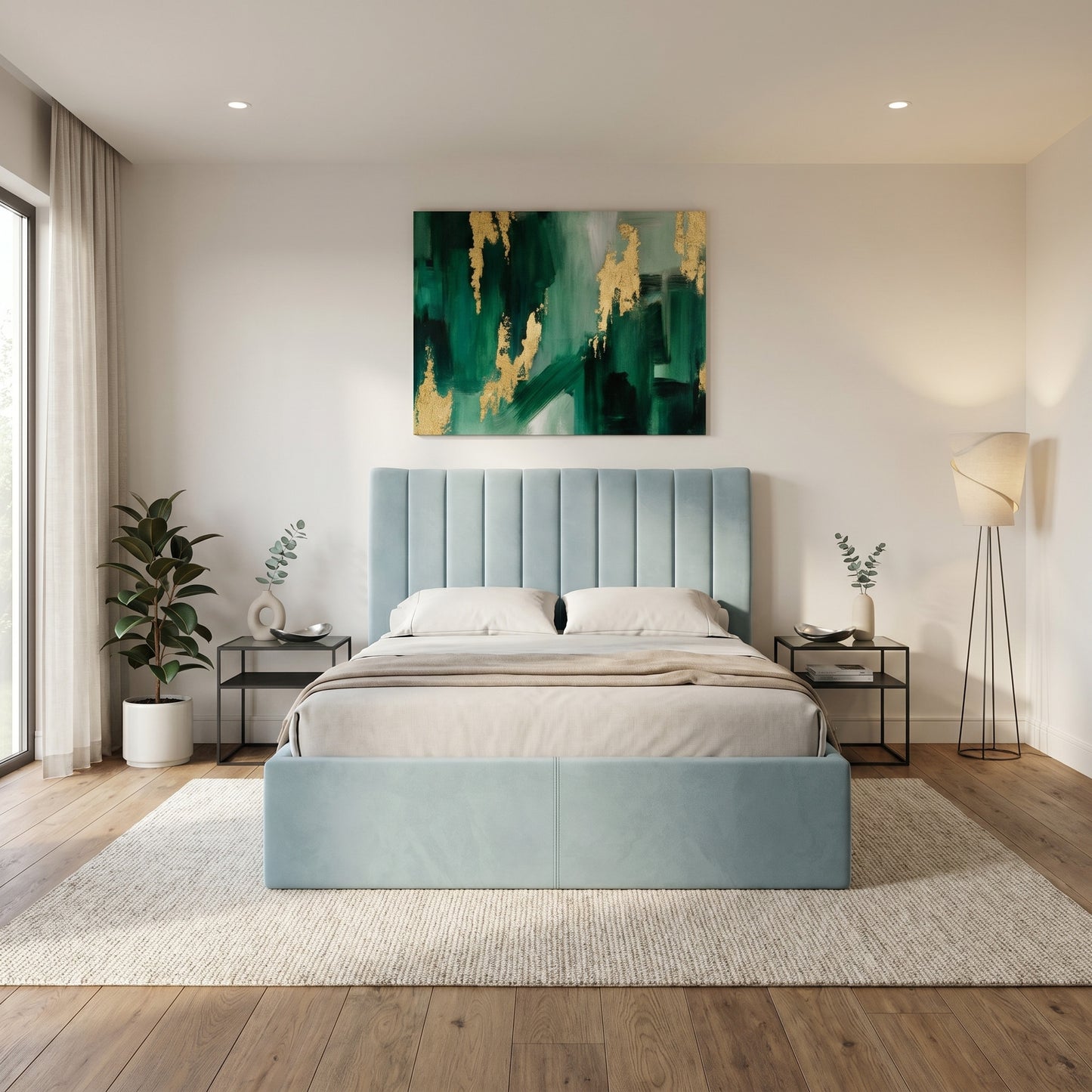 Pat Tapitat Ravel, Albastru, Dimensiune Saltea 180 x 200 Cm, Cu Somiera Rabatabila