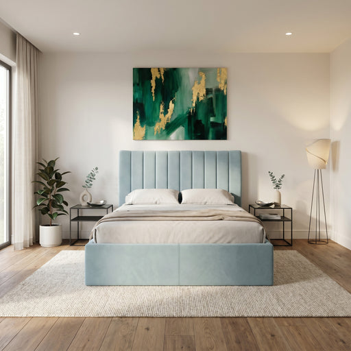 Pat Tapitat Ravel, Albastru, Dimensiune Saltea 180 x 200 Cm, Cu Somiera Rabatabila