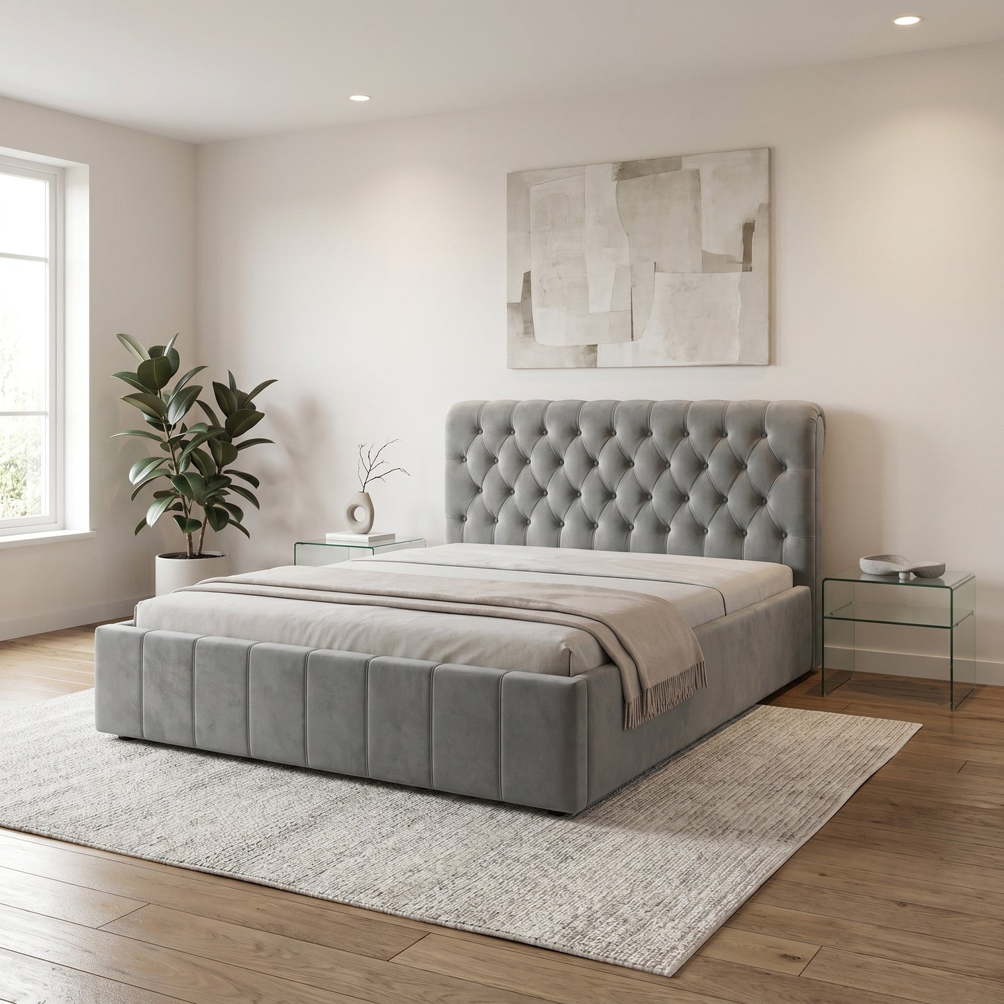 Pat Tapitat Paris, Dimensiune Saltea 160 x 200 Cm, Cu Somiera Rabatabila, Gri Albastrui