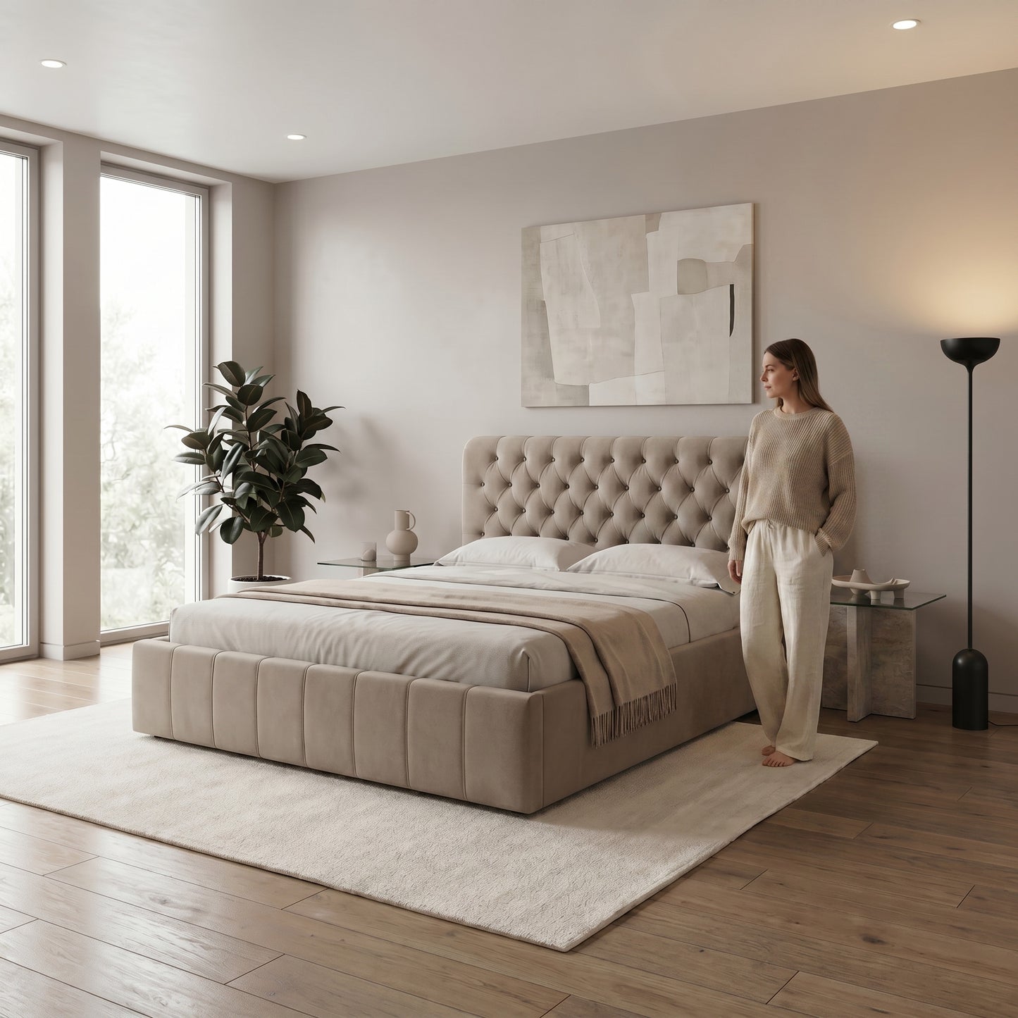 Pat Tapitat Paris, Bej, Dimensiune Saltea 160 x 200 Cm, Cu Somiera Rabatabila