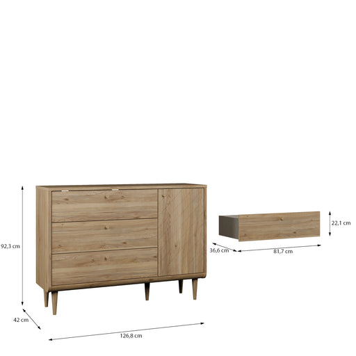 Bufet Cu 3 Sertare Si 1 Usa Japanki, Stejar Mauvella, 126.8 Cm