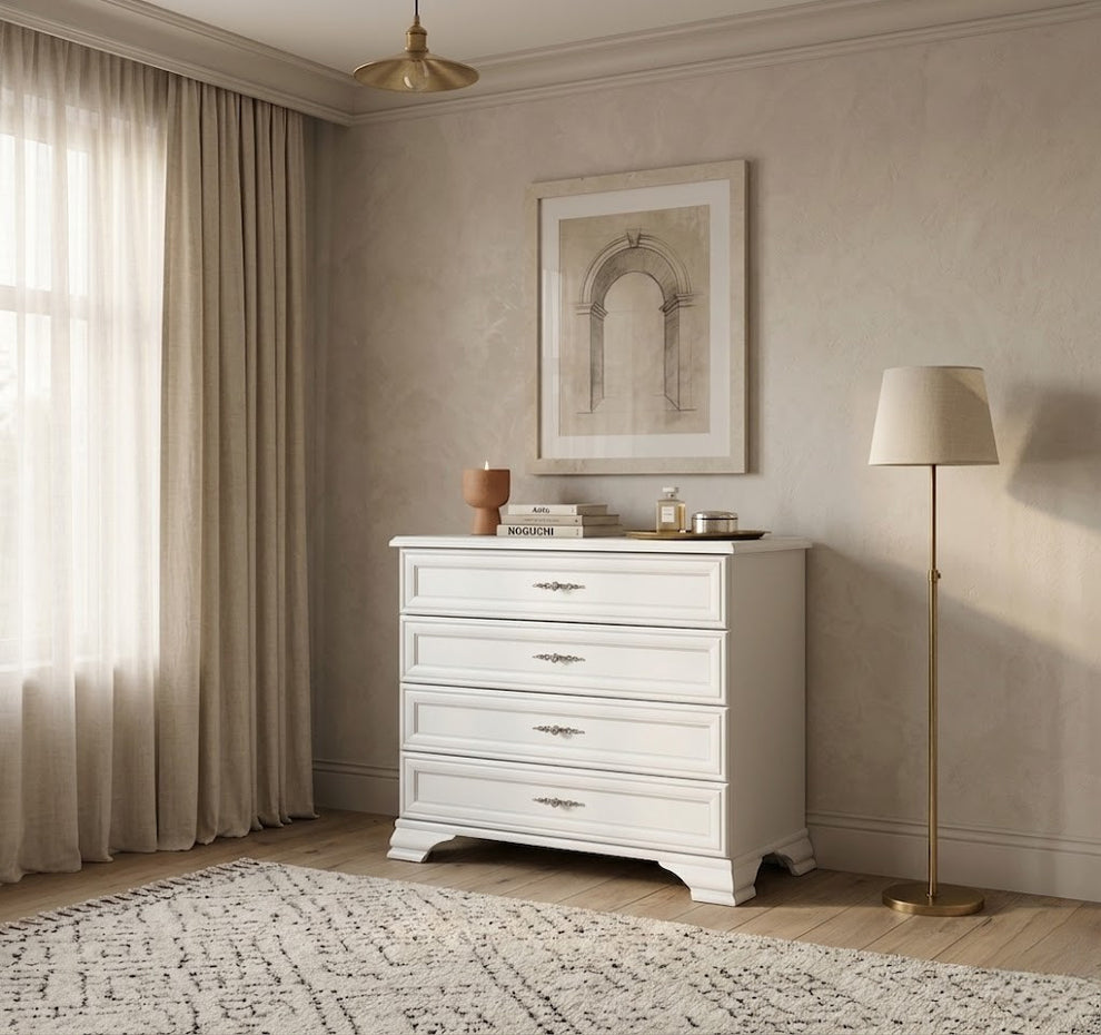 Comoda 4 Sertare Kenza, Alb 94.5 Cm