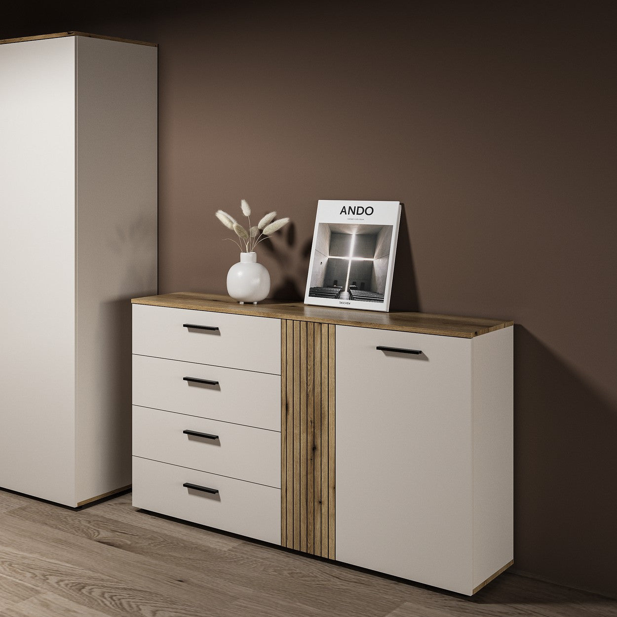 Comoda 2 Usi  Si 4 Sertare Frizzante, Cashmir Si Stejar Evoc, 139.4 Cm