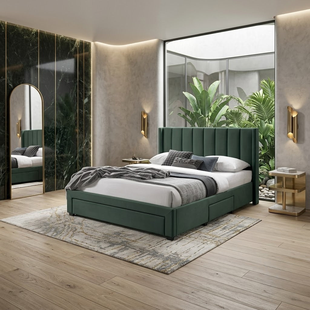Pat Tapitat Salma Dimensiune Saltea 180 x 200, Cu Sertare Verde