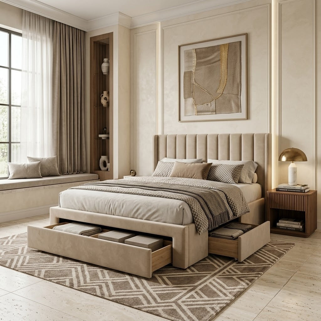 Pat Tapitat Salma Dimensiune Saltea 180 x 200, Cu Sertare Bej