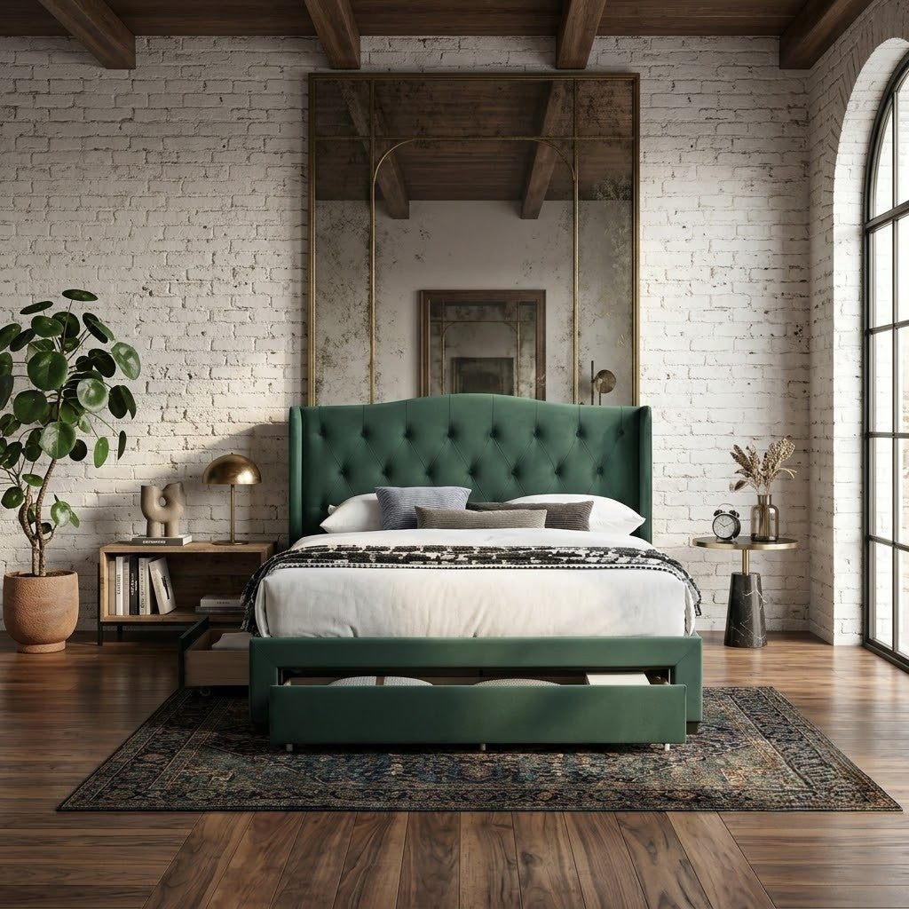 Pat Tapitat Marbello Dimensiune Saltea 160 x 200  Cu Sertare, Gri Verde