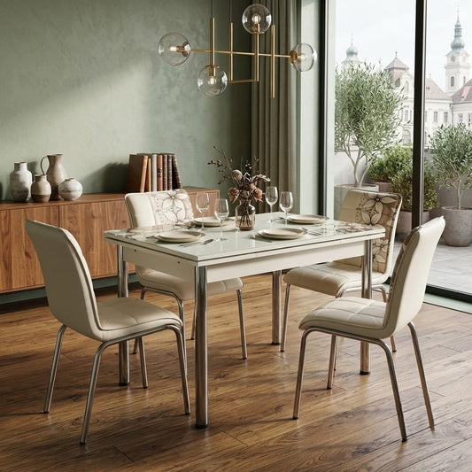 Set Masa Extensibila cu 4 scaune Cristal, Crem, 110/170 x 70 cm