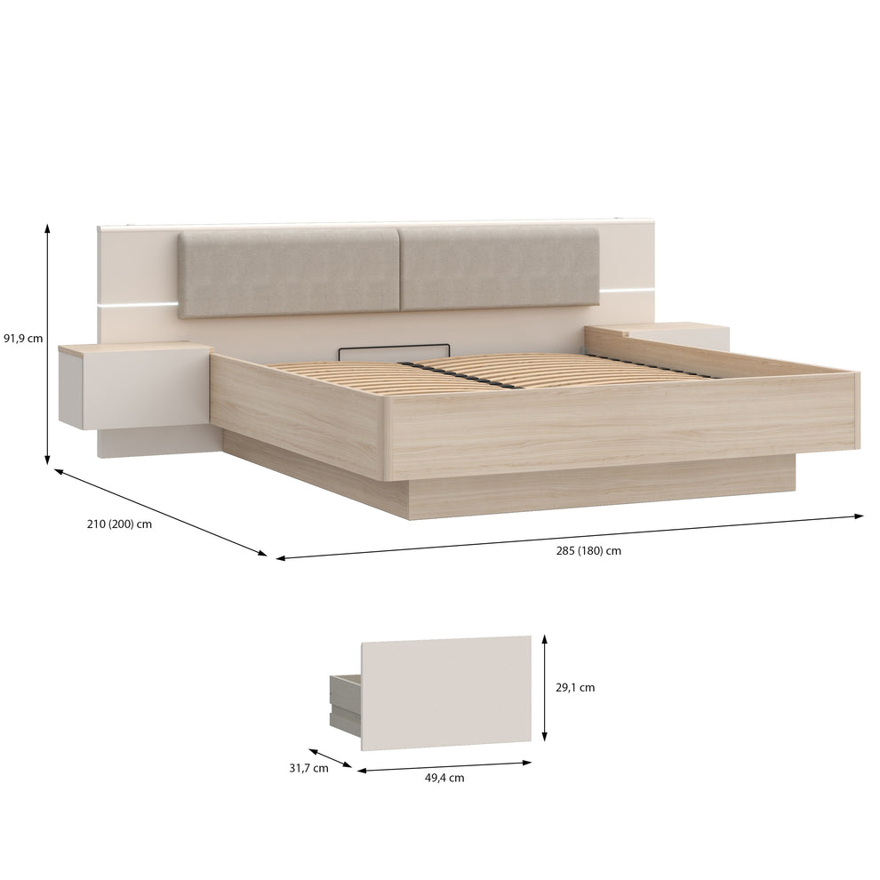 Pat Cu Noptiere Pineapple, Somiera Rabatabila, Cu LED, Riva Oak Si Sand 180 x 200 cm
