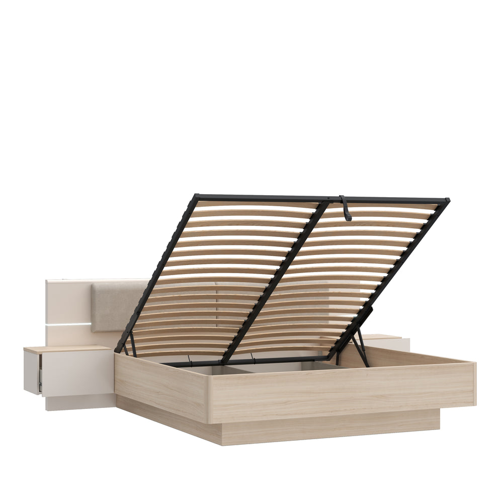 Pat Cu Noptiere Pineapple, Somiera Rabatabila, Cu LED, Riva Oak Si Sand 180 x 200 cm