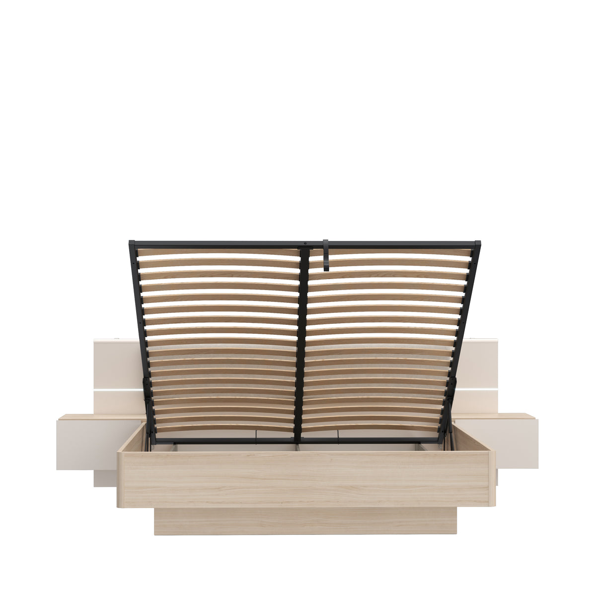 Pat Cu Noptiere Pineapple, Somiera Rabatabila, Cu LED, Riva Oak Si Sand 180 x 200 cm