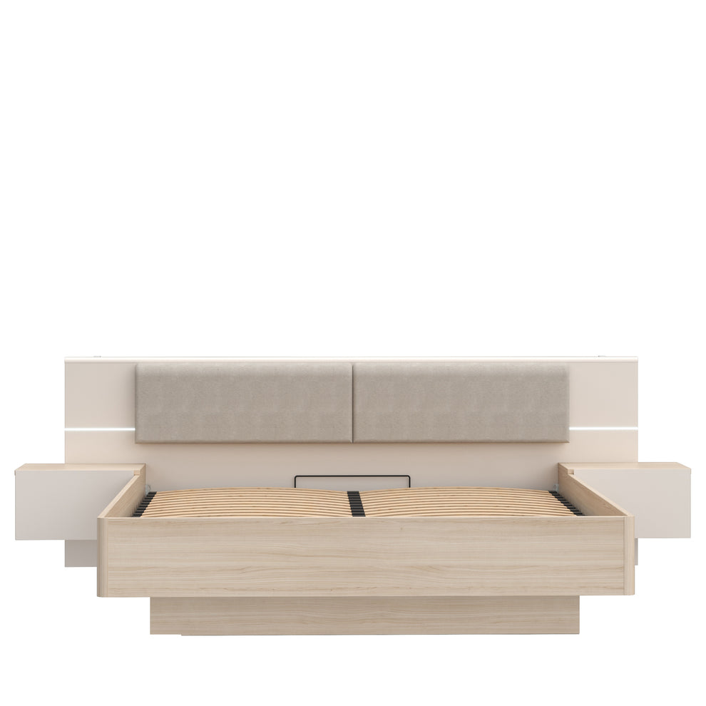 Pat Cu Noptiere Pineapple, Somiera Rabatabila, Cu LED, Riva Oak Si Sand 180 x 200 cm
