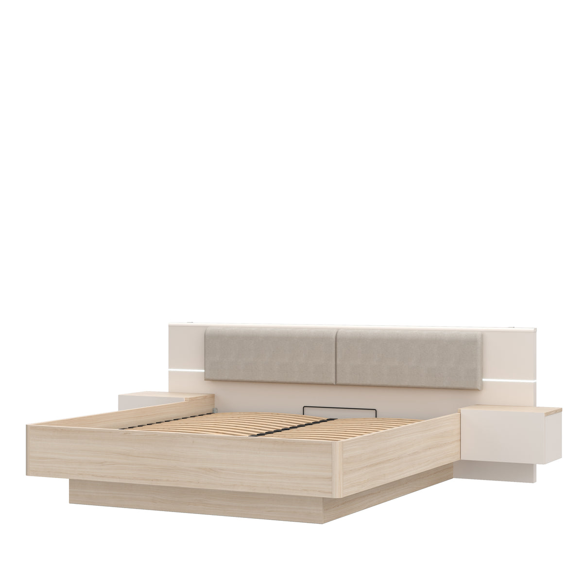 Pat Cu Noptiere Pineapple, Somiera Rabatabila, Cu LED, Riva Oak Si Sand 180 x 200 cm