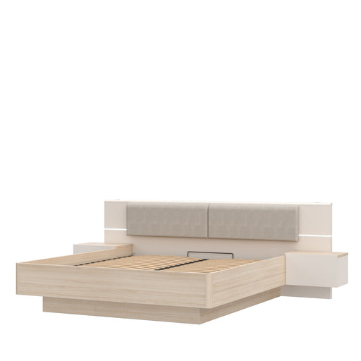 Pat Cu Noptiere Pineapple, Somiera Rabatabila, Cu LED, Riva Oak Si Sand 180 x 200 cm