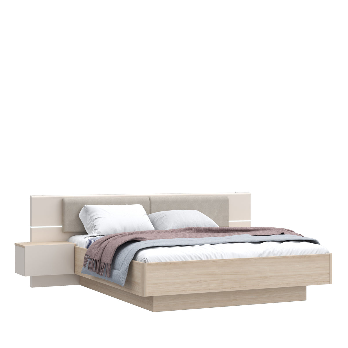 Pat Cu Noptiere Pineapple, Somiera Rabatabila, Cu LED, Riva Oak Si Sand 180 x 200 cm