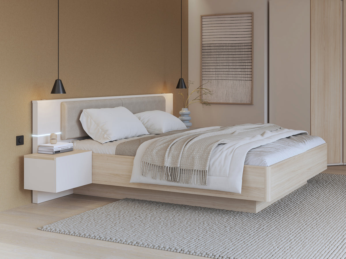 Pat Cu Noptiere Pineapple, Somiera Rabatabila, Cu LED, Riva Oak Si Sand 180 x 200 cm