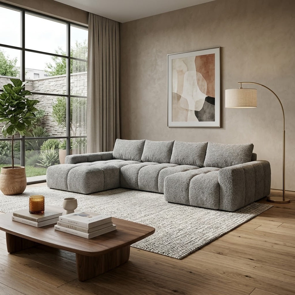 Coltar U Extensibil Luna, 6 Locuri, 340 Cm,Otoman stanga gri
