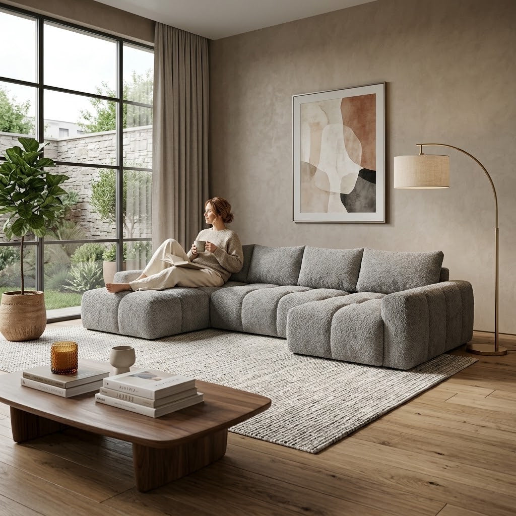 Coltar U Extensibil Luna, 6 Locuri, 340 Cm,Otoman stanga gri