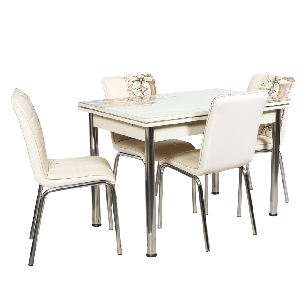 Set Masa Extensibila cu 4 scaune Cristal, Crem, 110/170 x 70 cm